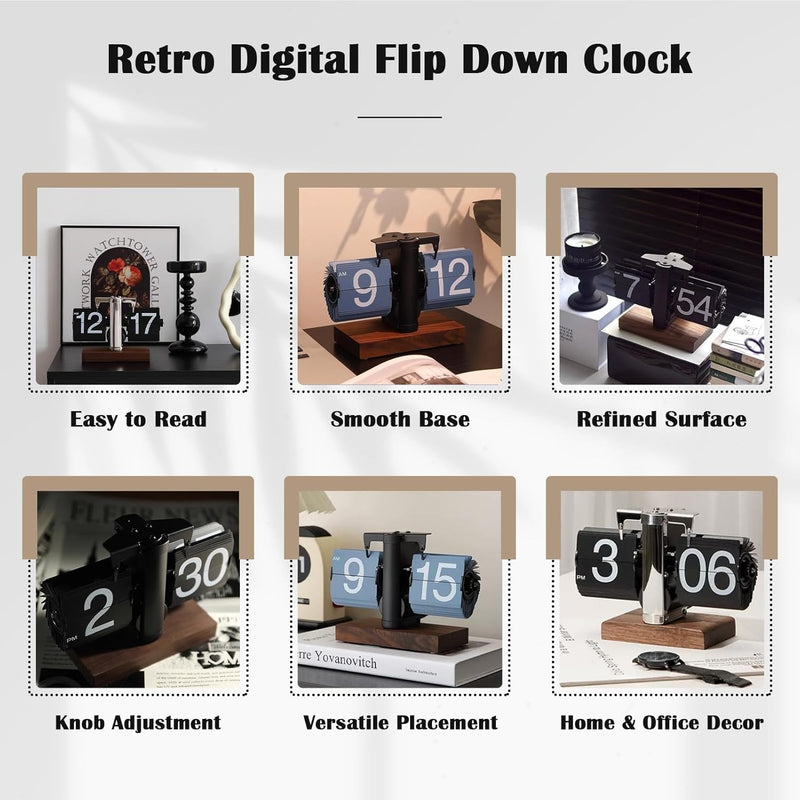 Retro Digital Flip Down Clock, Battery Powered Internal Gear Operated Clock, Classic Mechanical
