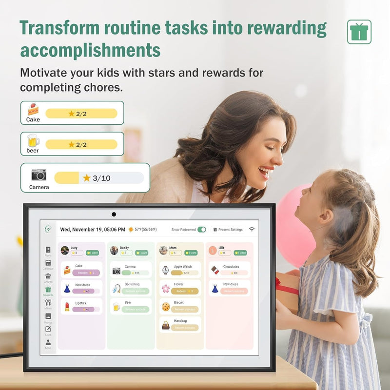 LQN WiFi Digital Calendar Smart Family Planner,Chore Charts, Achievement Rewards, AI Meal Planning, Smart Touchscreen Interactive Display for Schedules and Cloud Photo Desk Calendar Refills, 10.1'' Bl