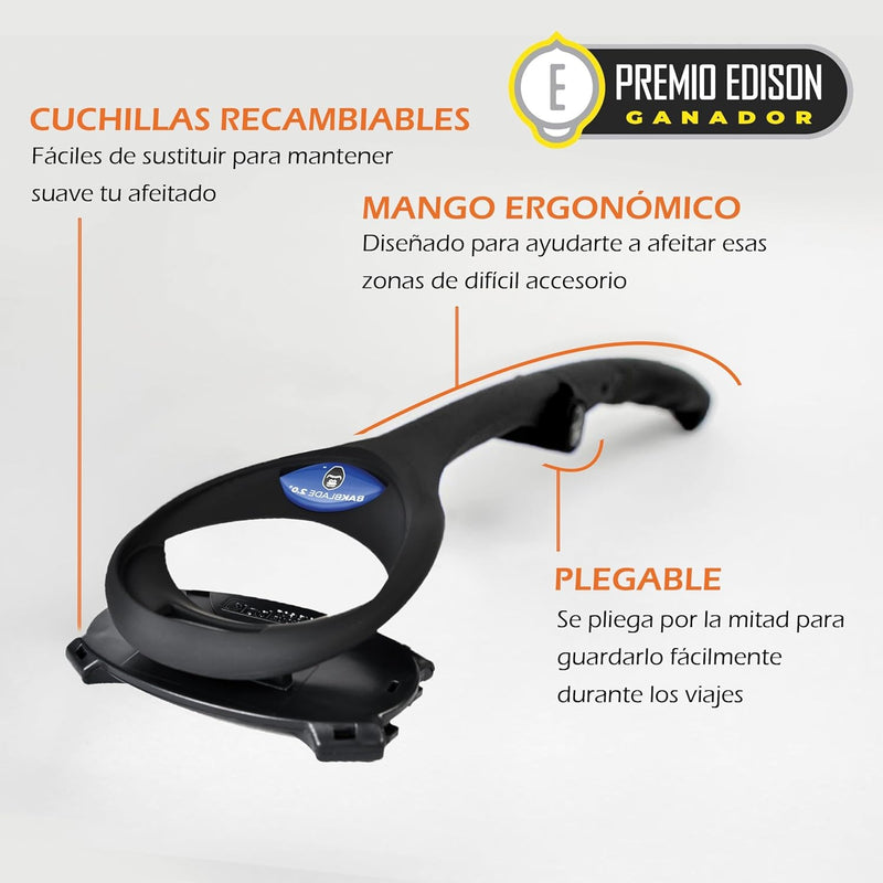 BAKblade 2.0 Plus – Depilador de espalda para Hombres – 2 cuchillas adicionales incluidas – fácil de usar, mango curvo para un afeitado sin dolor, afeitado mojado o seco