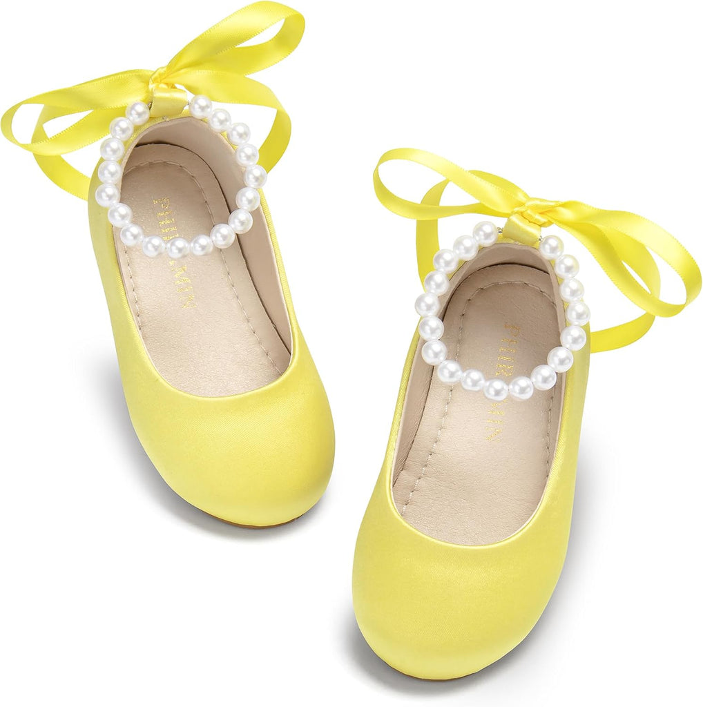 PHIRAMIN Toddler Flower Girl Satin Yellow Dress Shoes - Little Girl Ballet Flats Size 12 Pearl Wedding Party