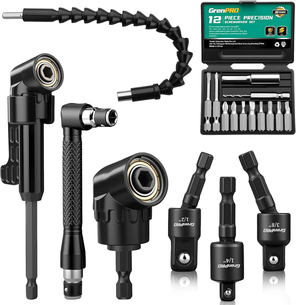 GRENPRO 19-Piece Flexible Drill Bit Extension Kit, 2 Right Angle Adapters