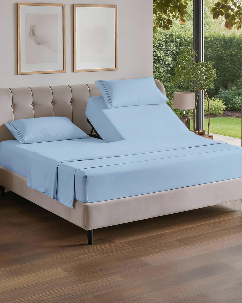 Flex Top Split Head King 4 Piece Sheet Set - Soft & Breathable - Light Blue
