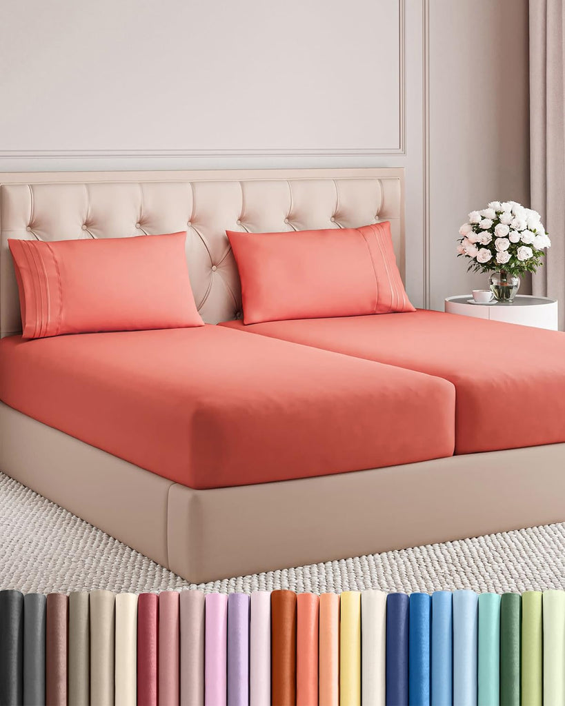 Split King Size 5 Piece Sheet Set - Breathable & Cooling Sheets - Coral