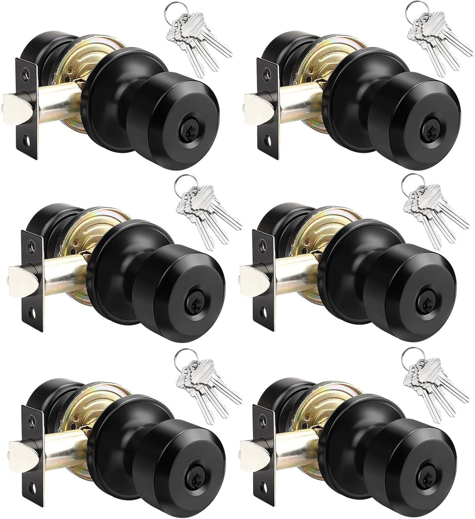 KNOBWELL 6 Pack Keyed Alike Exterior Door Knobs with Matte Black Finish, Keyed Entry/ Bedroom Door Knobs with Lock and K