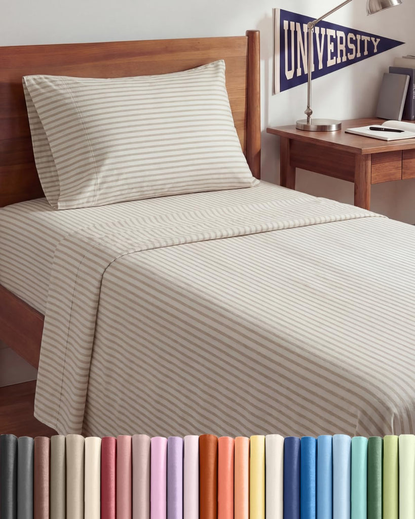 Twin XL 3 Piece Sheet Set - College Dorm Room Essentials - Beige Stripes