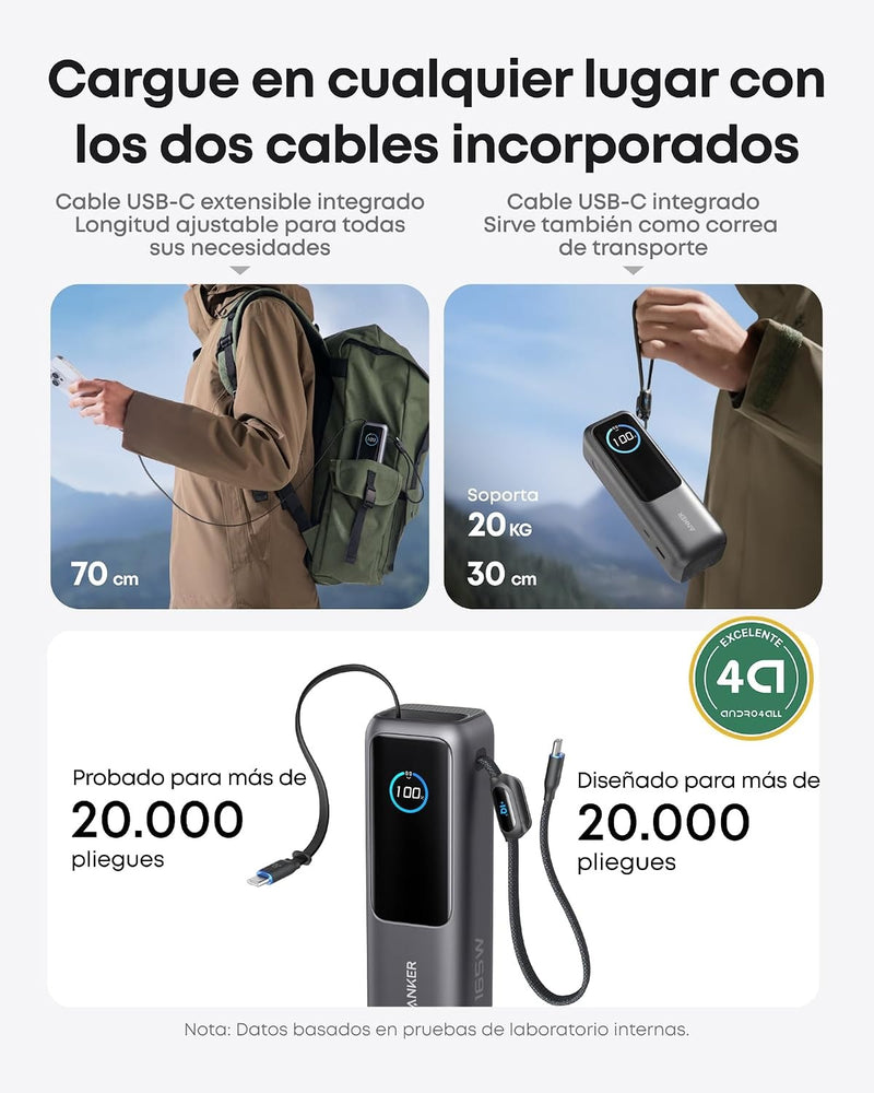 Anker Laptop Power Bank,25,000mAh Portable Charger with 165W Total Output,3 USB-C Ports (100W Max Each),Built-in Retractable Cables,Flight-Ready,for iPhone 17/16 Series,MacBook,Samsung,and More