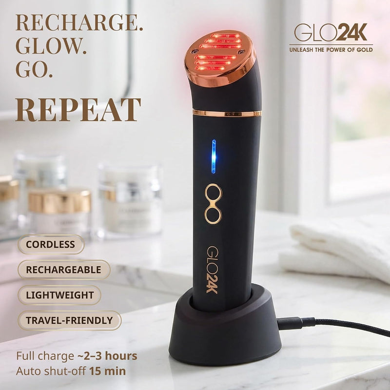 GLO24K UNLEASH THE POWER OF GOLD GLO24K - Dispositivo de belleza de luz roja para cara y cuello, masajeador facial y cuello 3 en 1 con triple LED y tecnología de vibración avanzada