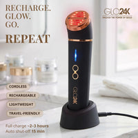 GLO24K UNLEASH THE POWER OF GOLD GLO24K - Dispositivo de belleza de luz roja para cara y cuello, masajeador facial y cuello 3 en 1 con triple LED y tecnología de vibración avanzada
