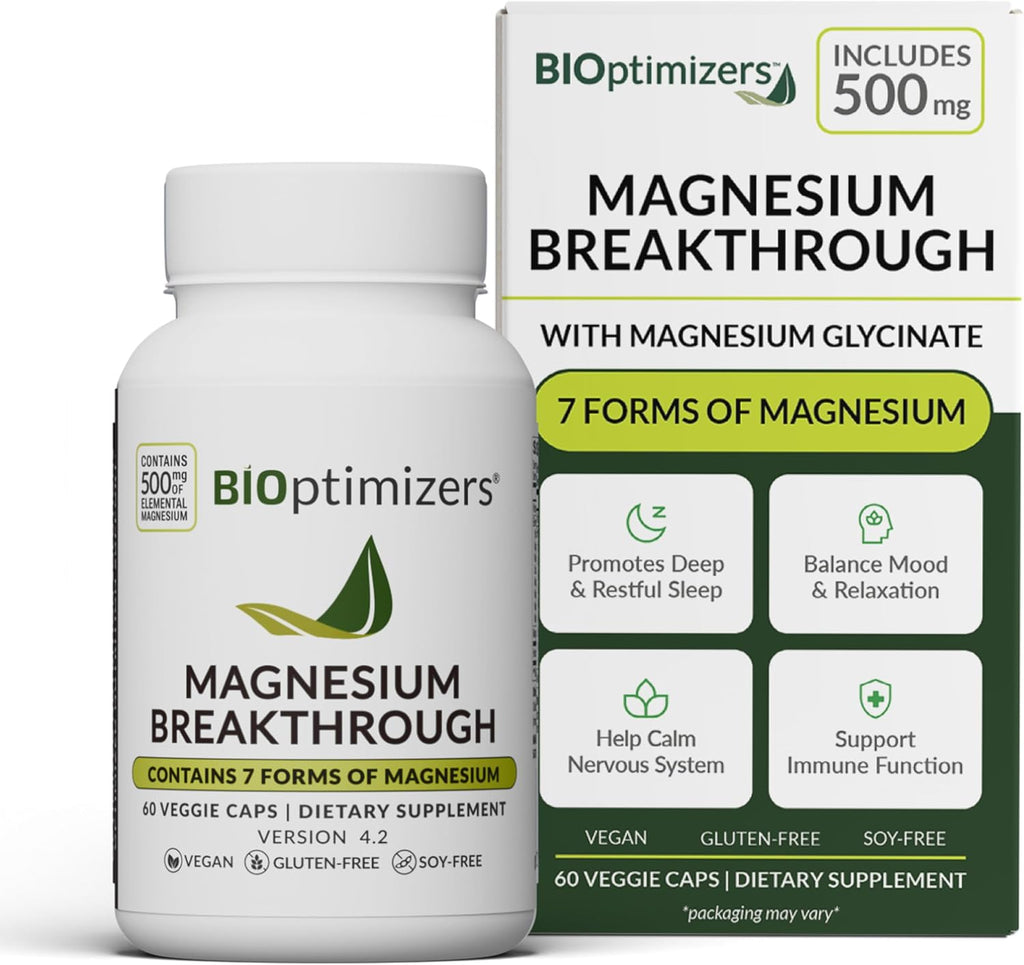 BIOptimizers Magnesium Breakthrough Supplement with 500mg - 7 Forms of Magnesium: Glycinate, Malate, Citrate, and More - Natural Support for Sleep and Cognitive Function -60 Capsules- Calming Vitamins