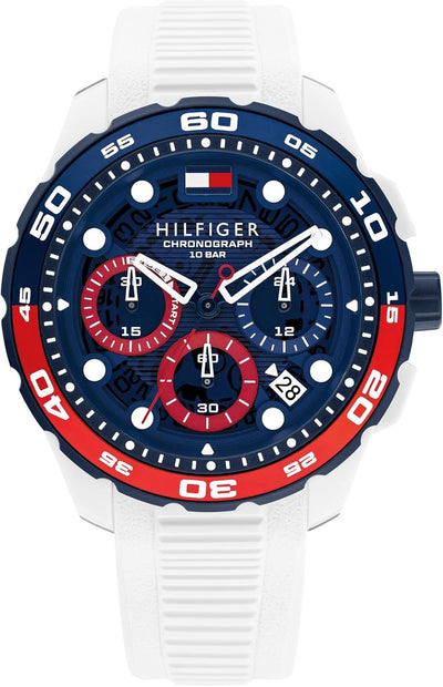 Tommy Hilfiger TH-Regatta Men's Chronograph Quartz Watch – 44mm Stainless Steel Case, Rotating Bezel, Silicone Strap, Nautical- Inspired Sport Style, Gift for Him