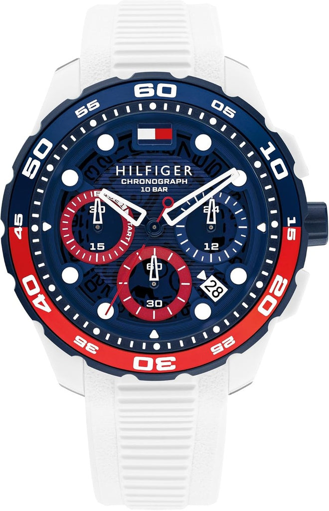 Tommy Hilfiger TH-Regatta Men's Chronograph Quartz Watch – 44mm Stainless Steel Case, Rotating Bezel, Silicone Strap, Nautical- Inspired Sport Style, Gift for Him