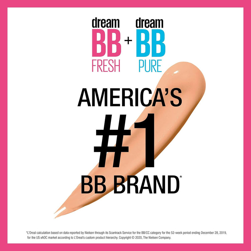 MAYBELLINE Dream Fresh Skin Hydrating BB cream, 8-in-1 Skin Perfecting Beauty Balm with Broad Spectrum SPF 30, Sheer Tint Coverage, Oil-Free, Light/Medium, 1 Fl Oz