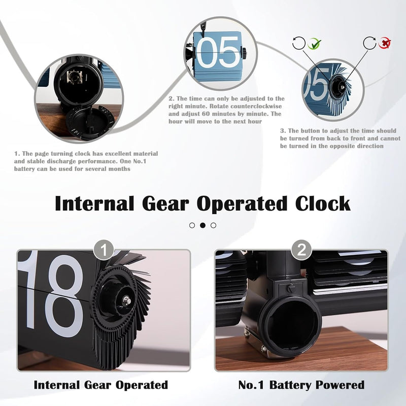 Retro Digital Flip Down Clock, Battery Powered Internal Gear Operated Clock, Classic Mechanical