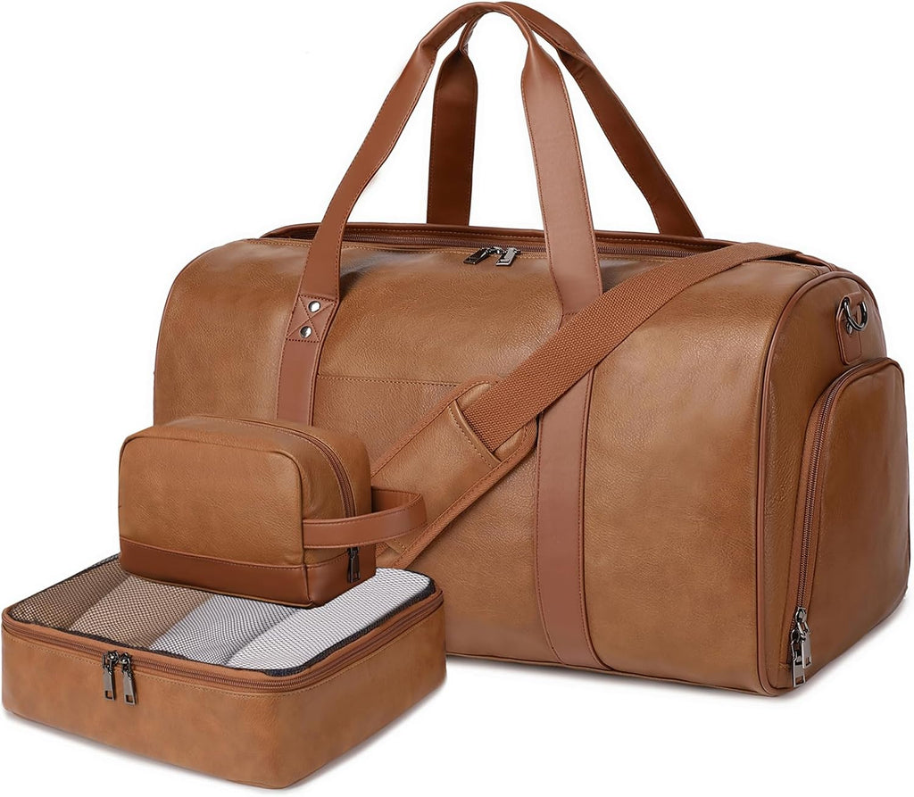 3PCS Faux Leather Weekender Bag for Women Men Travel Bag Overnight Bags