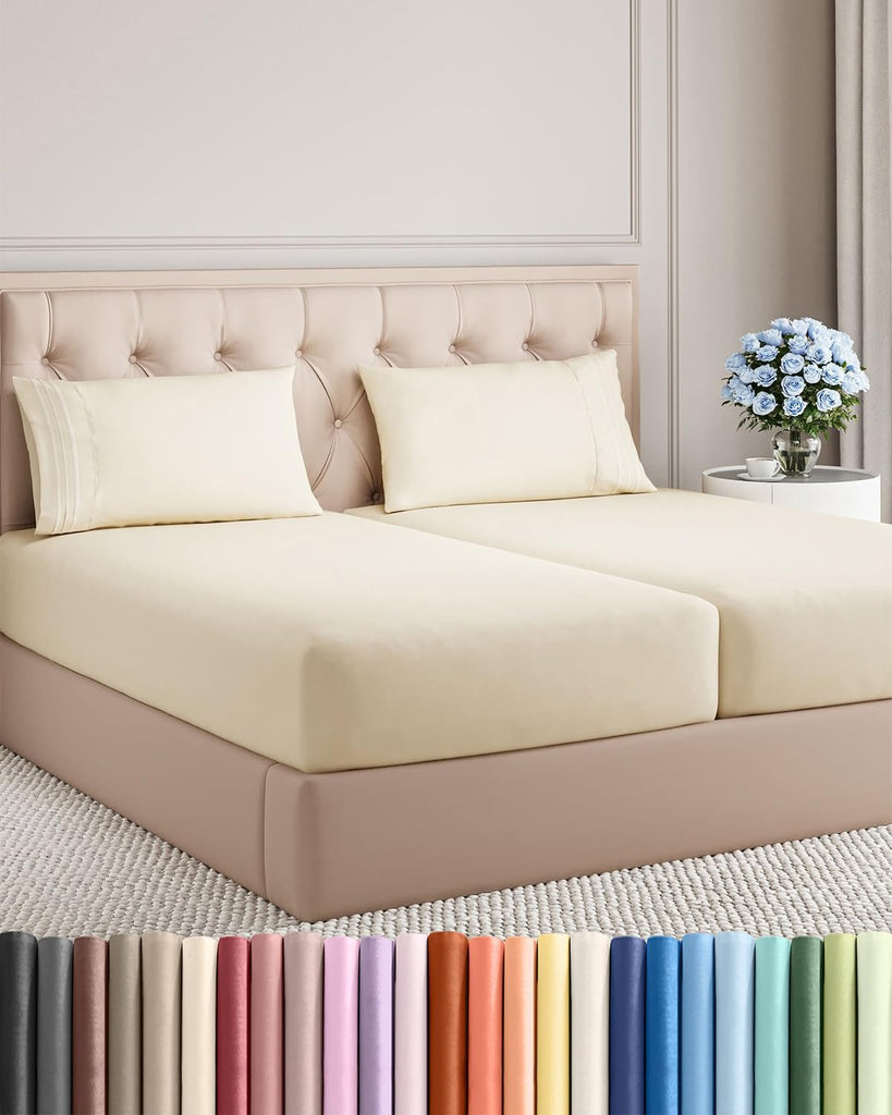 Split King Size 5 Piece Sheet Set - Breathable & Cooling Sheets - Off White