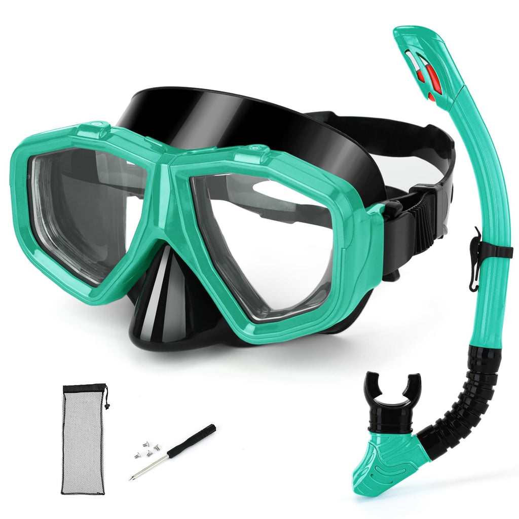 Replaceable Lenses Nearsighted Snorkel Set - Customizable Shortsighted Anti-Fog Mask & Full Dry Top Silicone Snorkel for