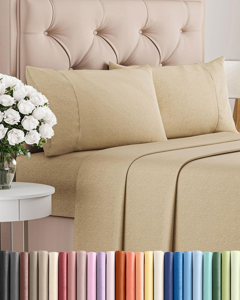 King Size 4 Piece Sheet Set - Breathable & Cooling Sheets - Heathered Tan