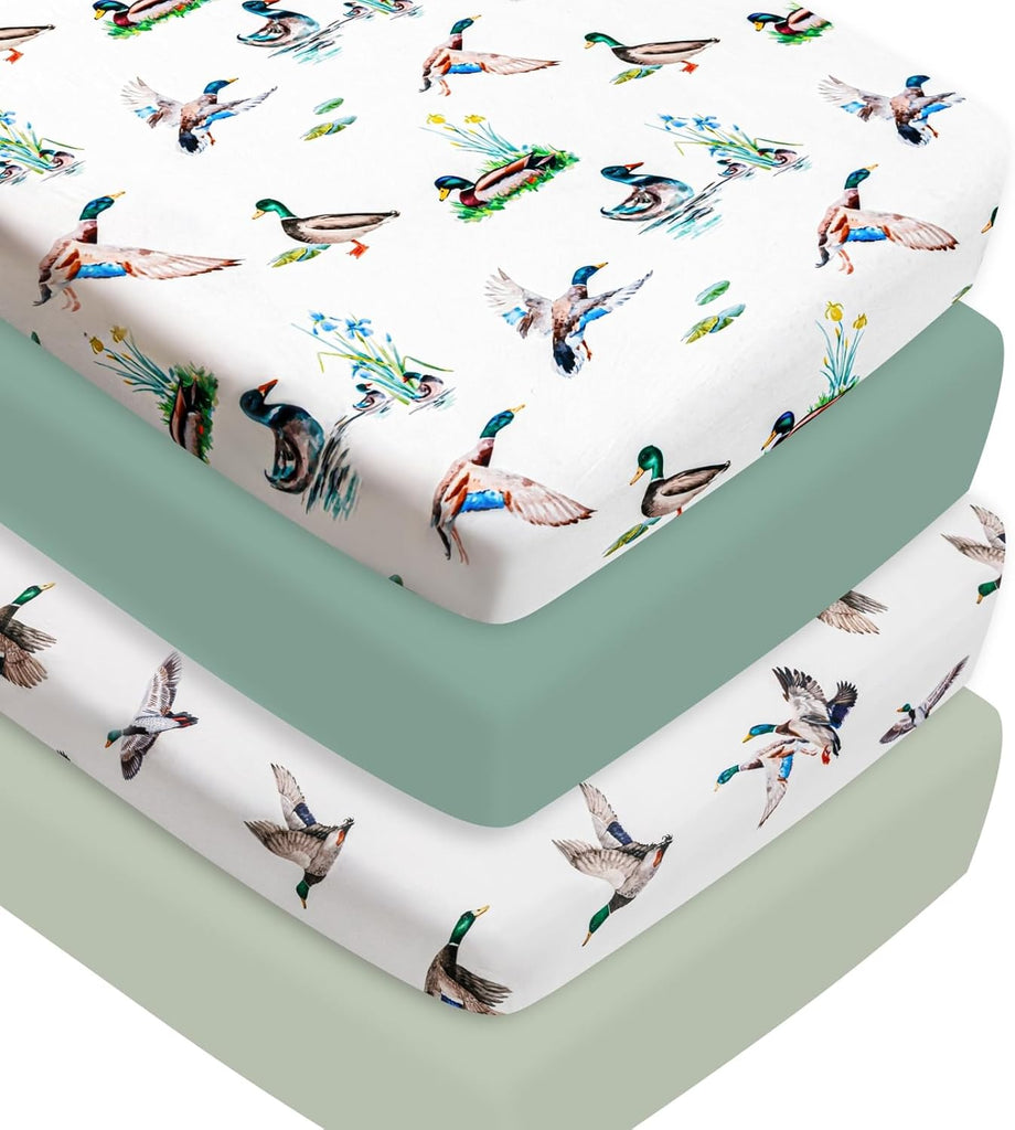 4 Pack Mallard Duck Baby Crib Sheets Neutral Unisex Breathable Fitted Nursery Sheets for Baby Girl or Boys (Crib Sheet)