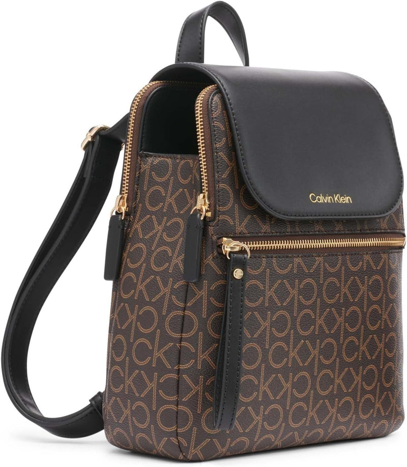 Calvin Klein Women's Elaine Signature Flap Backpack, Brown, OS