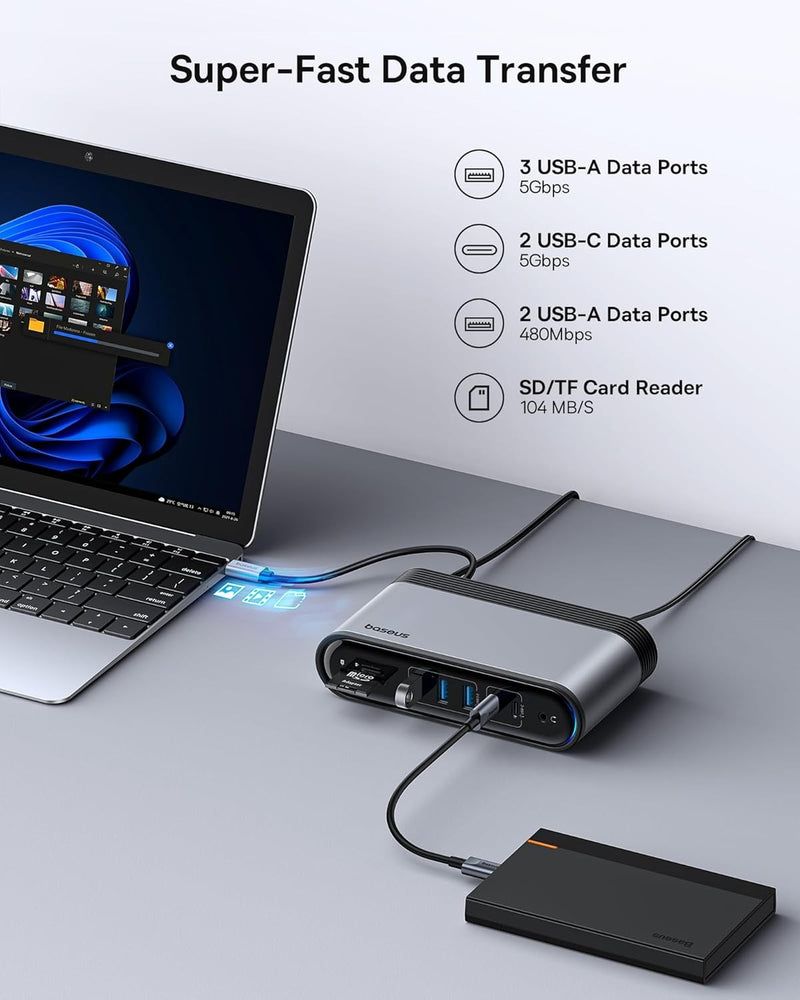 Baseus 17-in-1 Laptop Docking Station 3 Monitors with 4K HDMI+DP, USB C Docking Station with 7 USB, 1000Mbps Ethernet, 100W PD, Card Readers Compatible with Acer/HP/Lenovo/Mac/Dell