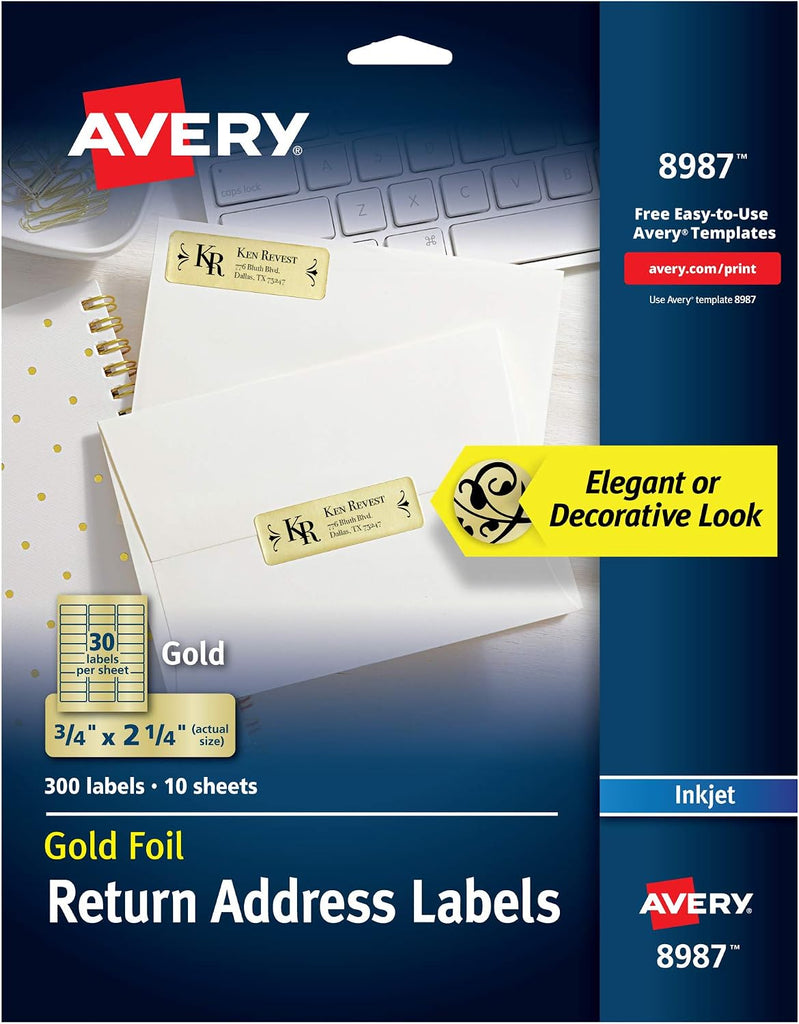 Avery Gold Address Labels for Inkjet Printers, 3/4" x 2-1/4", 300 Labels, 5 Packs (8987)