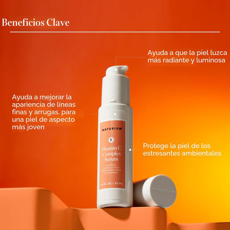Naturium Suero Facial Complejo de Vitamina C con Acido Hialuronico y Vitamina E, Tratamiento Antienvejecimiento, 30ml