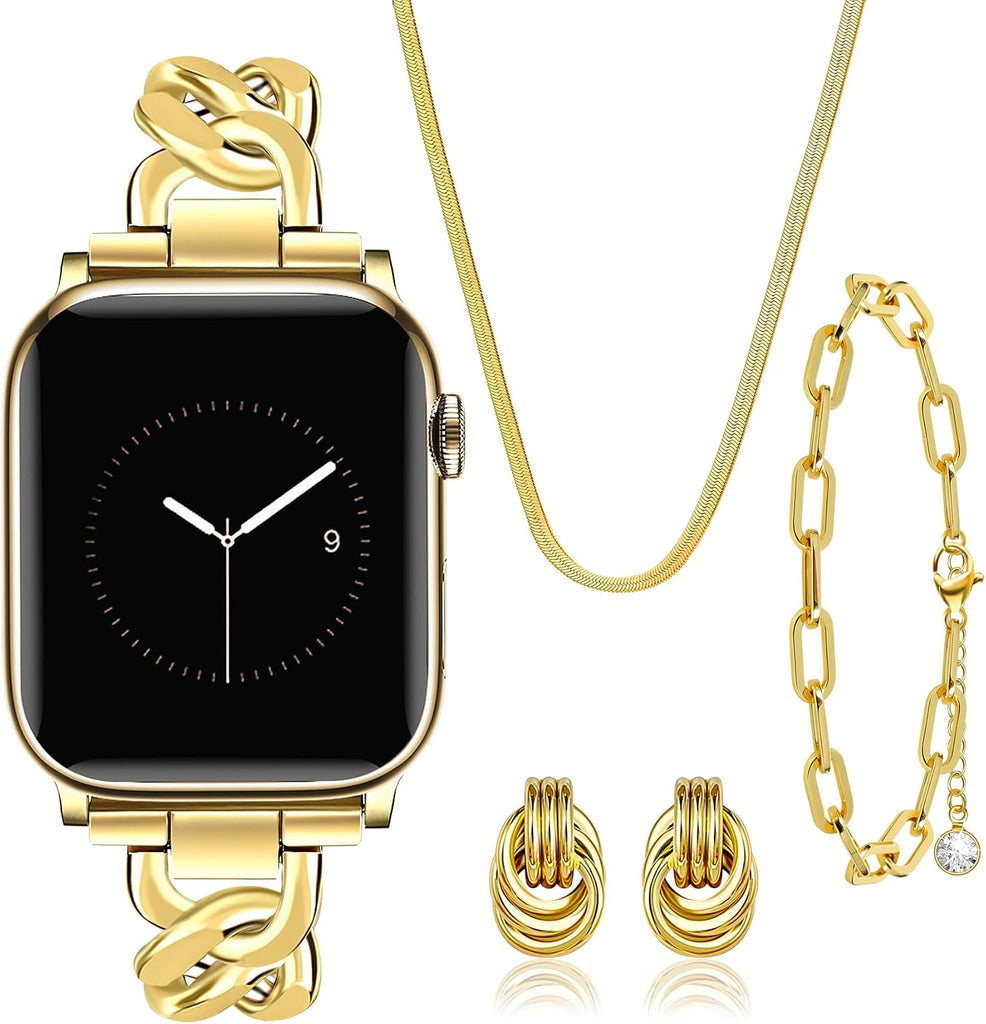 Moinspire Gold Slim Band and 3Pcs 18k Golden Jewelry Set for Women Compatible with Apple Watch 42mm(S3/2/1)/44/45/46/49m