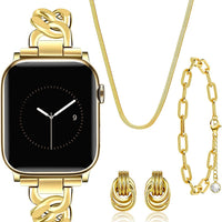 Moinspire Gold Slim Band and 3Pcs 18k Golden Jewelry Set for Women Compatible with Apple Watch 42mm(S3/2/1)/44/45/46/49m