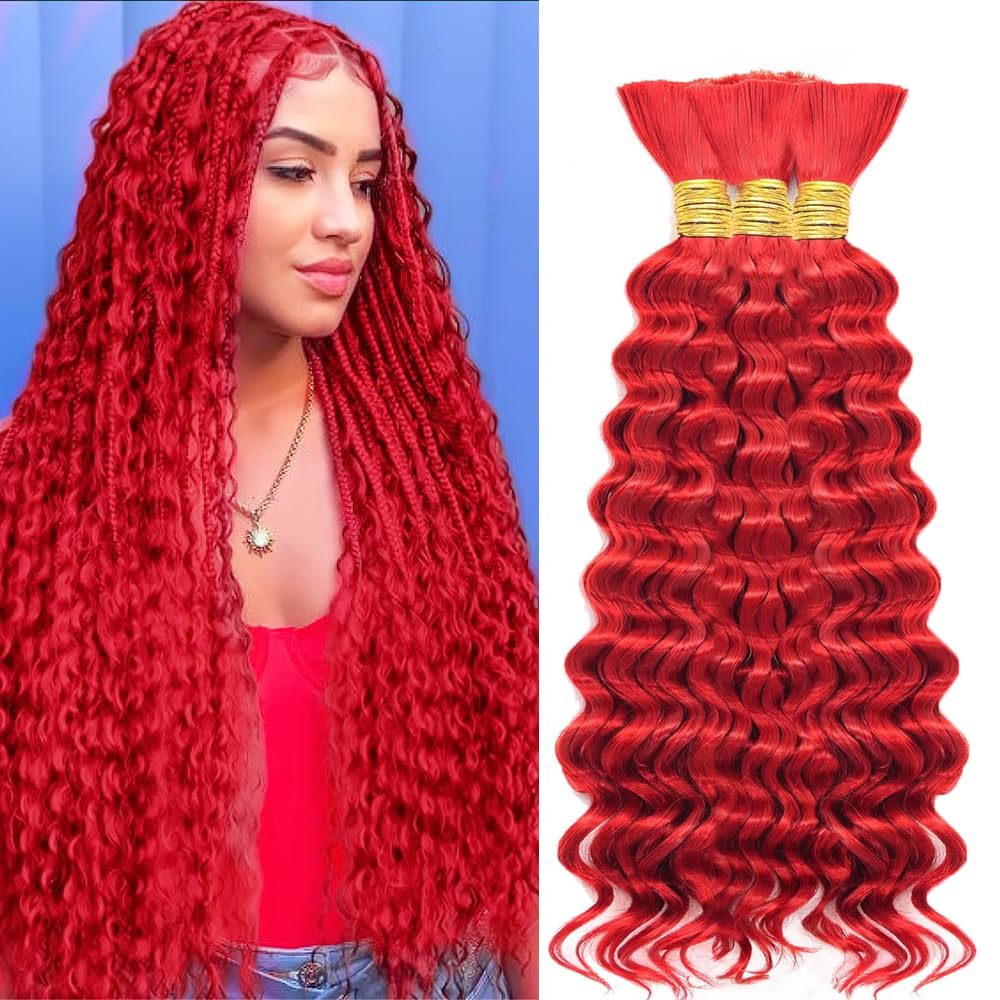 RED Human Braiding Hair for Boho Braids 18 18 18 Inch Wine Red Deep Wave Bulk Human Hair Knotless Boho Braiding Curly Vi