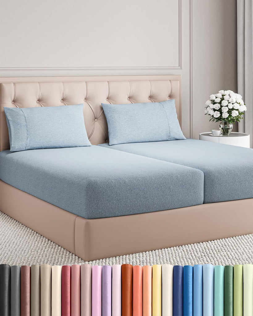 Split King Size 5 Piece Sheet Set - Breathable & Cooling - Heathered Blue