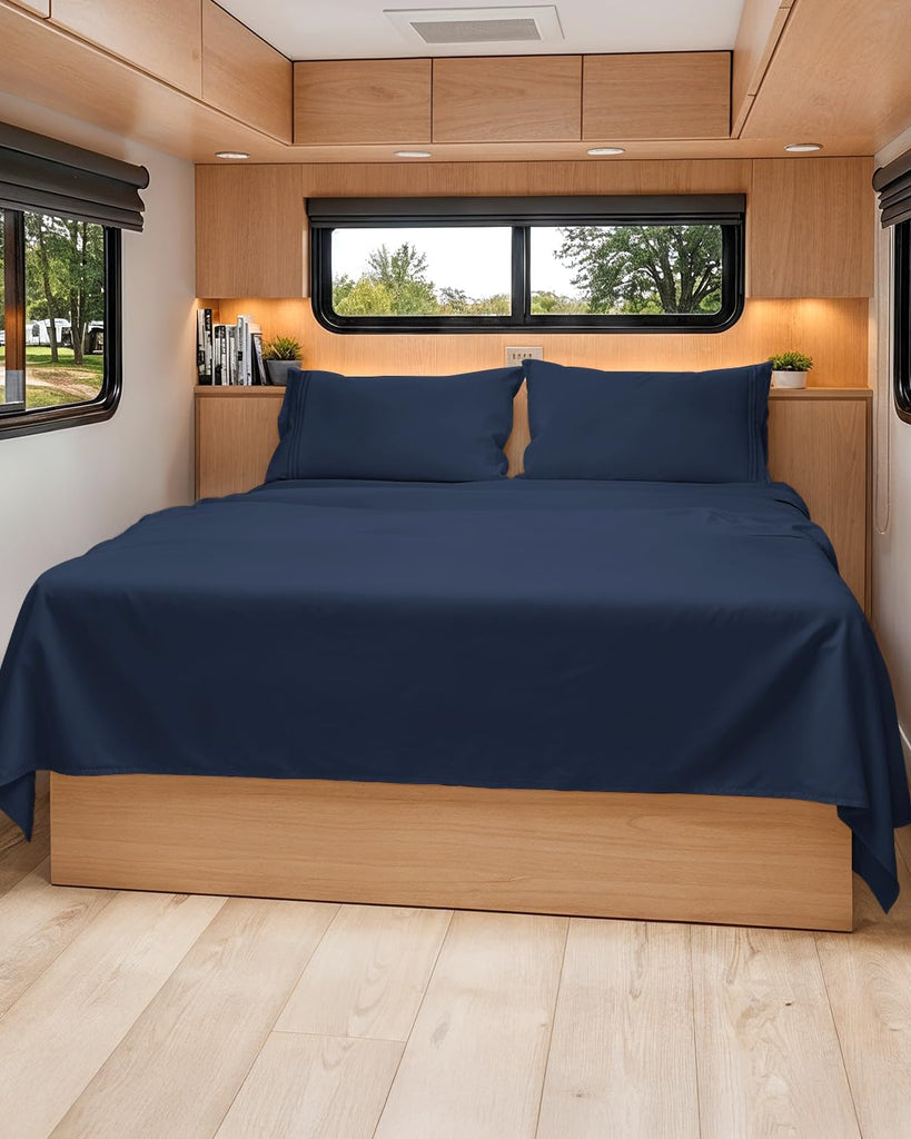Short Queen Size 4 Piece Bed Sheet Set - RV Short Queen Sheets - Navy Blue