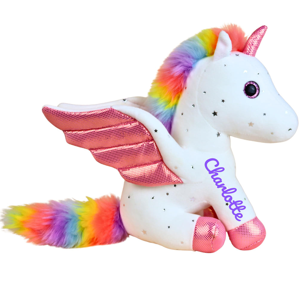 Personalized Stuffed Animal, Unicorn Plush with Rainbow Mane & Pink Wing, Customized Stuffie with Kids’ Name, Kids' Memo