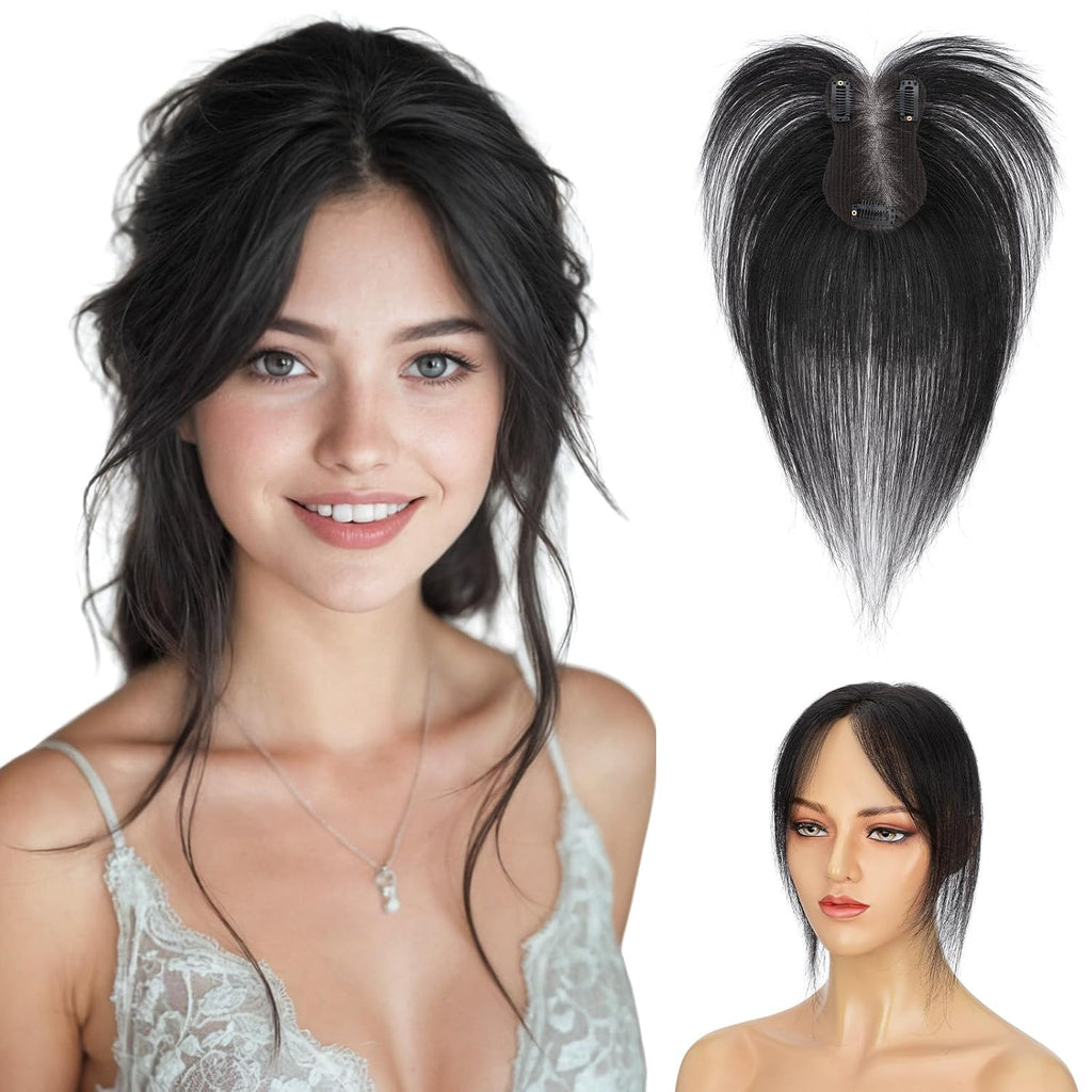 Hairro Hair Toppers For Women Real Human Hair 14 Inch 14g #1B Natural Black