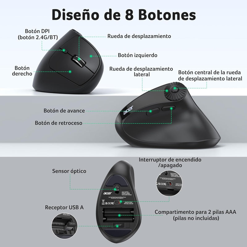 Acer Ergonomic Mouse Wireless with Side Scroll, Bluetooth Mouse for Laptop