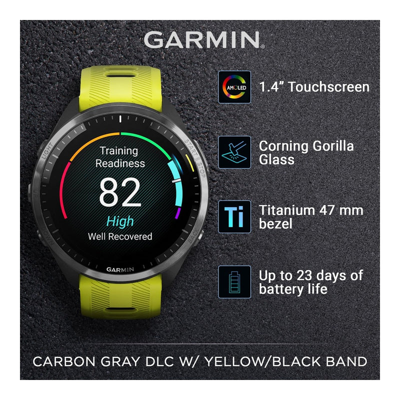 Garmin Forerunner 965 Smartwatch Premium, 1,4 Pulgadas, AMOLED, 32GB, GPS, Gris Carbón Y Amarillo