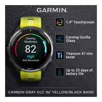 Garmin Forerunner 965 Smartwatch Premium, 1,4 Pulgadas, AMOLED, 32GB, GPS, Gris Carbón Y Amarillo