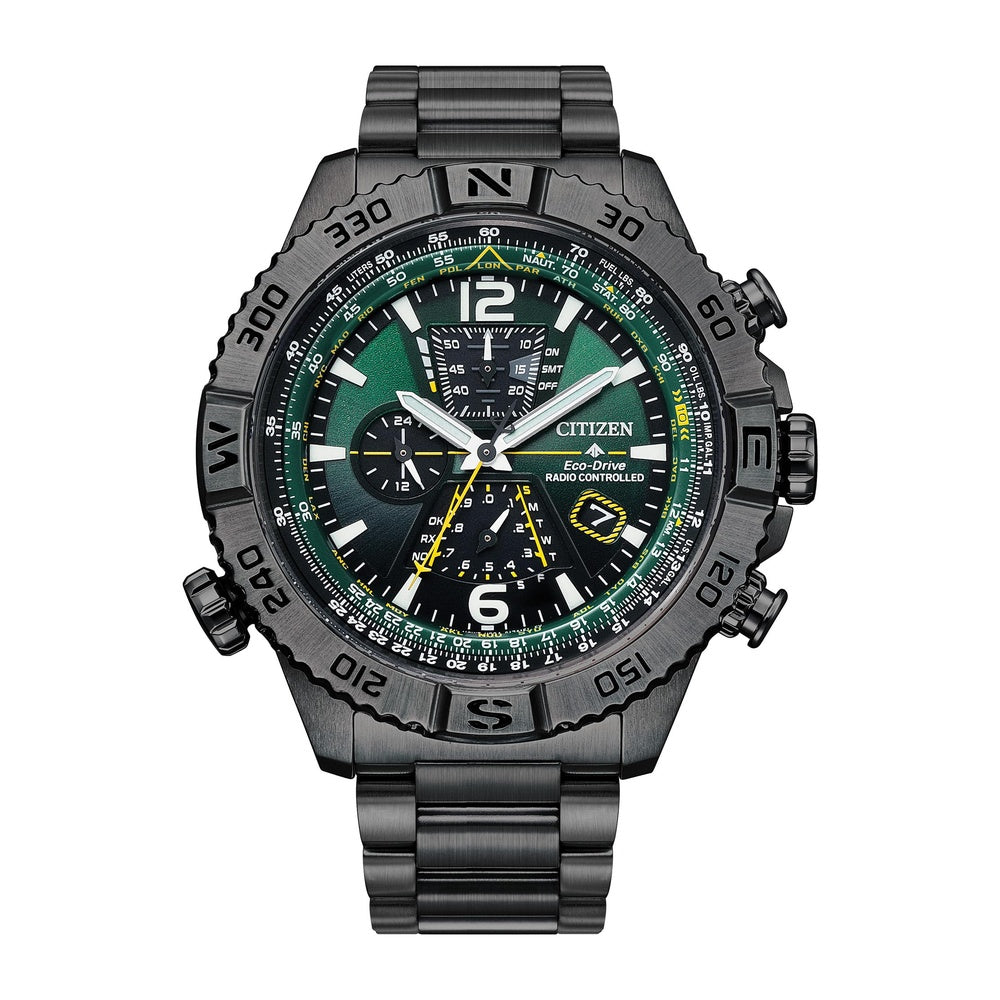 Citizen Reloj Eco-Drive Promaster Navihawk A-T para hombre, esfera verde, pulsera de acero inoxidable, modelo AT8227-56X