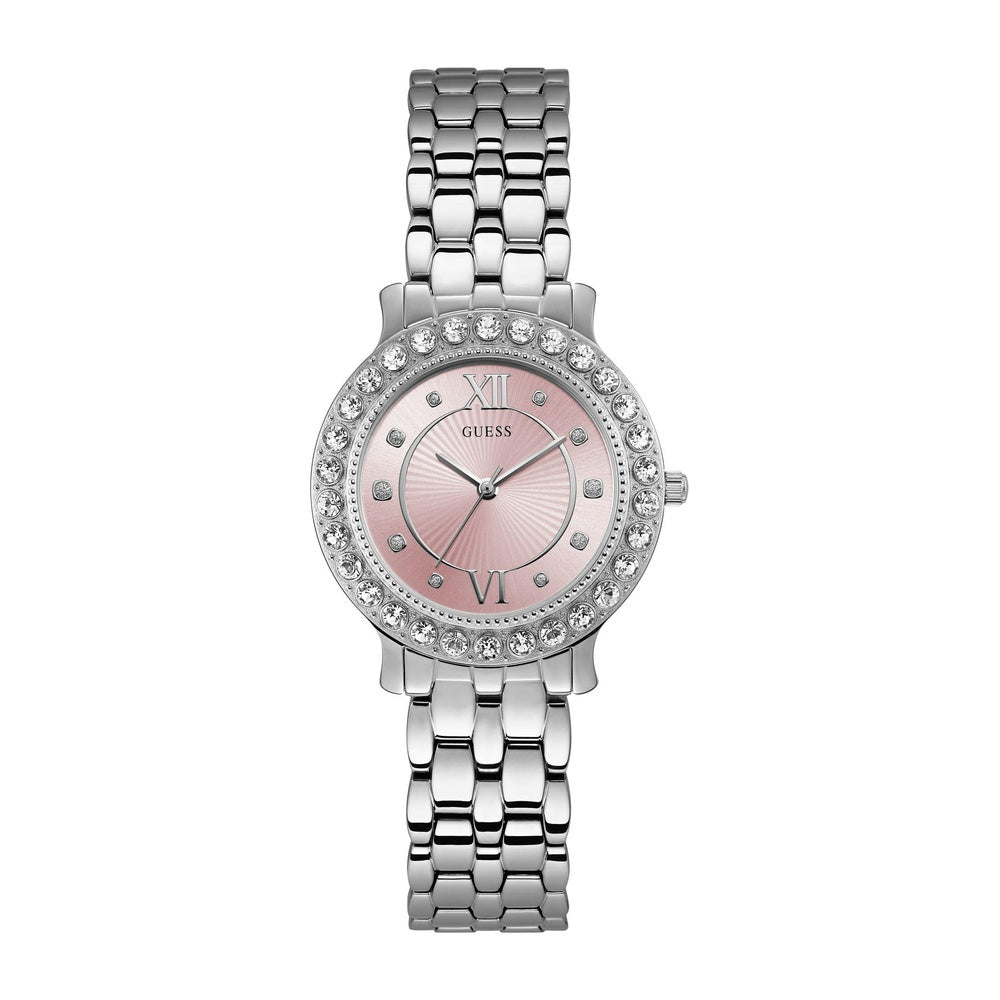 Reloj GUESS de acero inoxidable con cristal rosa, plata, resistente al agua, modelo U1062L2, analógico con cierre plegable