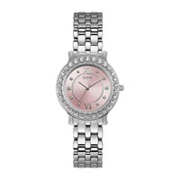 Reloj GUESS de acero inoxidable con cristal rosa, plata, resistente al agua, modelo U1062L2, analógico con cierre plegable