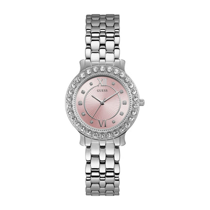 Reloj GUESS de acero inoxidable con cristal rosa, plata, resistente al agua, modelo U1062L2, analógico con cierre plegable