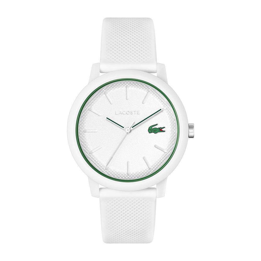 Lacoste Reloj 12.12 de silicona blanco para hombre con movimiento de cuarzo y cristal resistente a arañazos