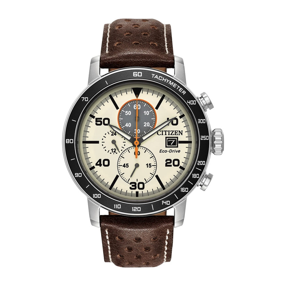 Reloj Citizen Eco-Drive Weekender Brycen cronógrafo con caja de acero inoxidable y correa de cuero marrón