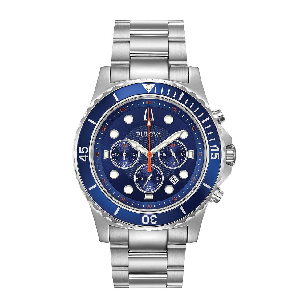 Bulova Cronógrafo clásico para hombre en acero inoxidable con esfera azul, movimiento de cuarzo y cristal mineral