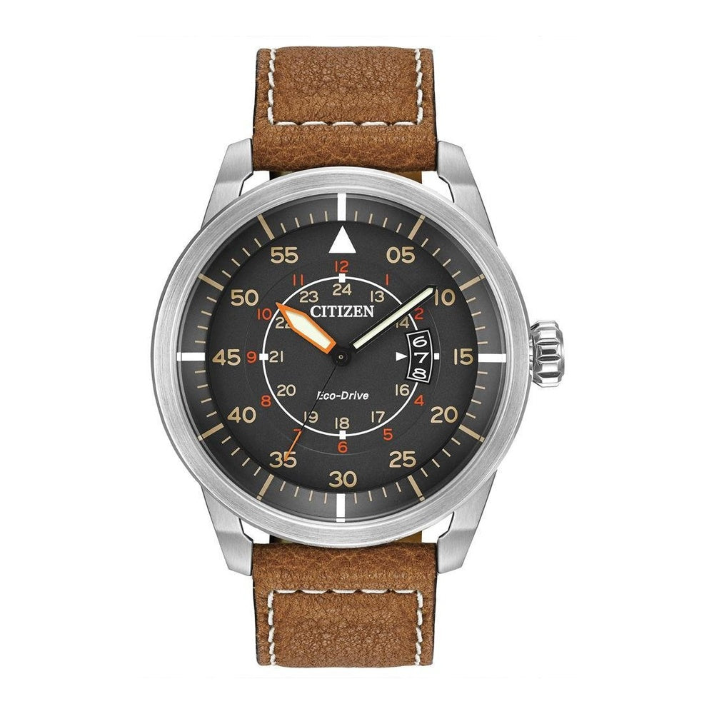 Citizen Reloj Eco-Drive para hombre en acero inoxidable, con correa de cuero marrón, modelo AW1361-10H con calendario y más