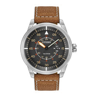 Citizen Reloj Eco-Drive para hombre en acero inoxidable, con correa de cuero marrón, modelo AW1361-10H con calendario y más