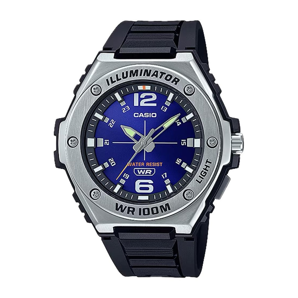 Reloj analógico para hombre Casio Serie MWA100H, bisel de acero inoxidable, LED iluminador y banda de resina, batería de 3 años