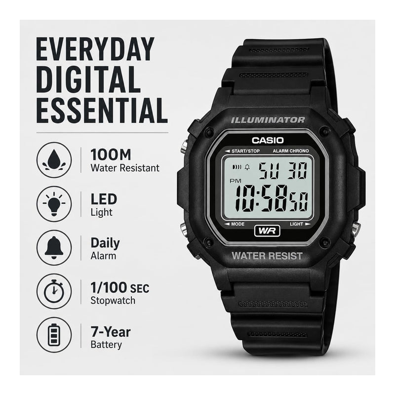 Reloj digital Casio F108WH para hombres, resistente al agua, alarma diaria, cronómetro LED, precisión 30 segundos al mes
