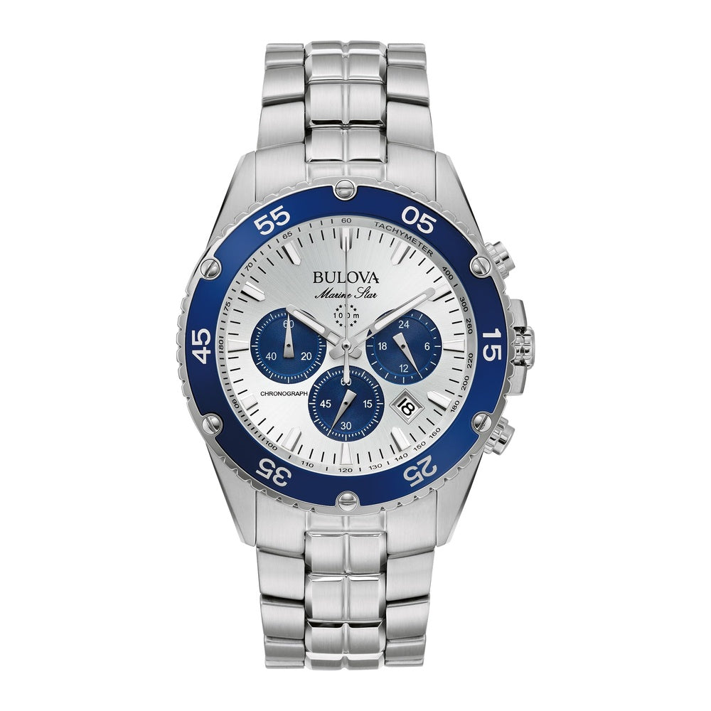 Bulova Marine Star 98B423 Silver Dial Chrono Men's Steel Quartz Watch 41.5mm