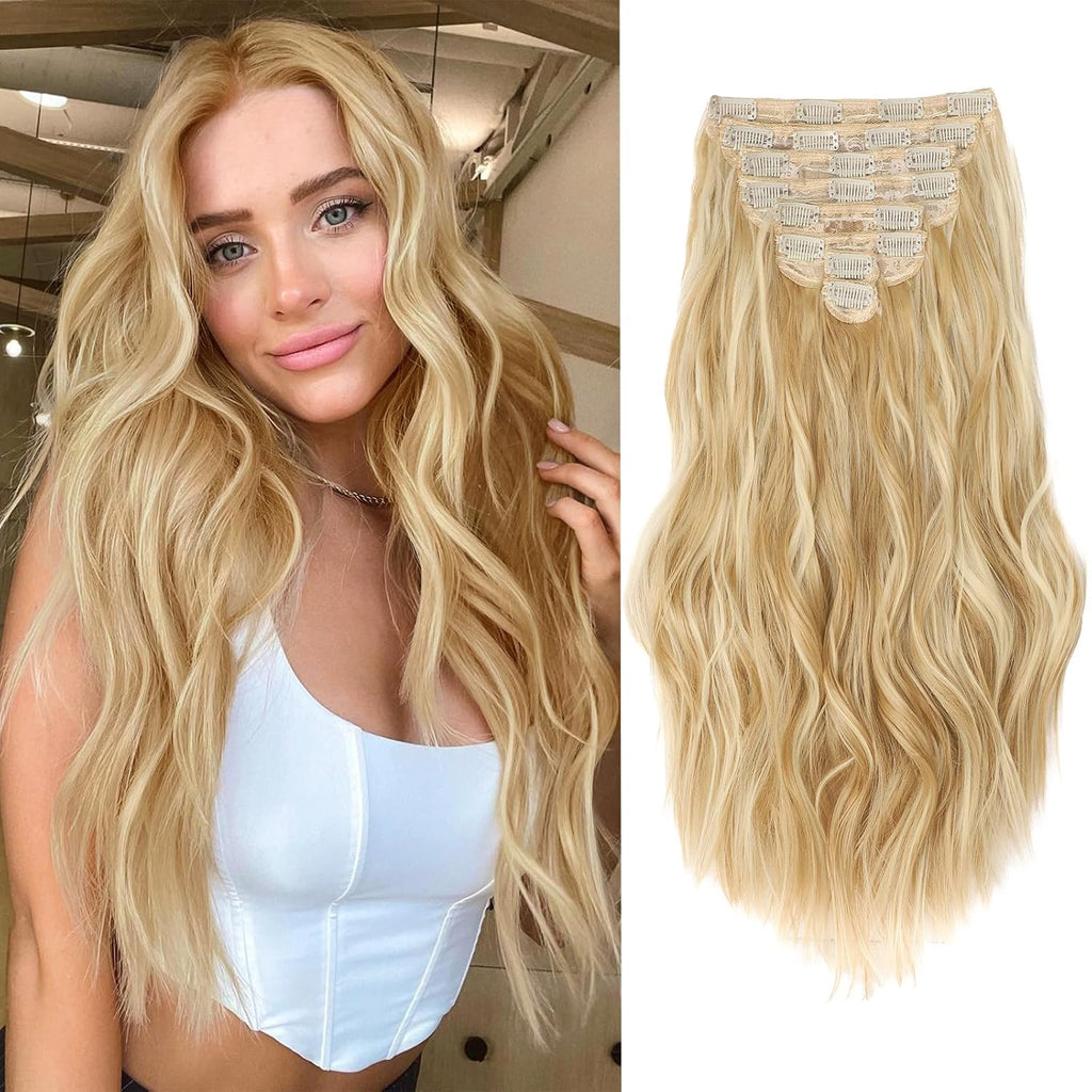 Hair Extensions for Women, 8PCS 20Inch Honey Blonde Mix Beach blonde Clip in Hair Extensions, Synthetic Long Wavy Curly