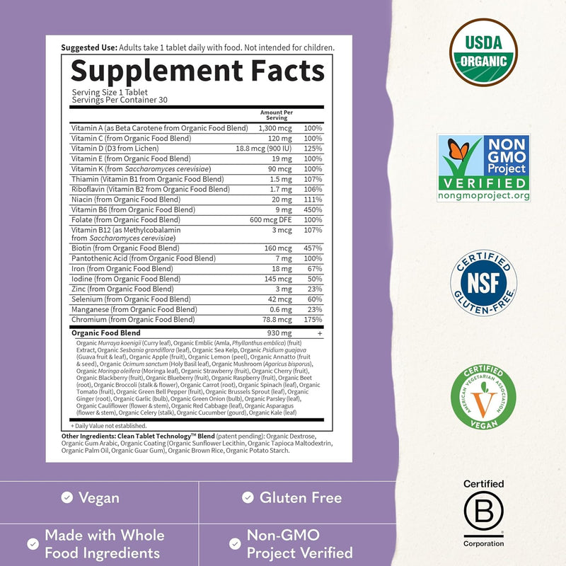 Garden of Life Organics Vitamina prenatal: Ácido fólico para energía y desarrollo fetal saludable, hierro sin estreñimiento, vitamina C, B6, B12, D3 – Orgánico, sin transgénicos, sin gluten, vegano